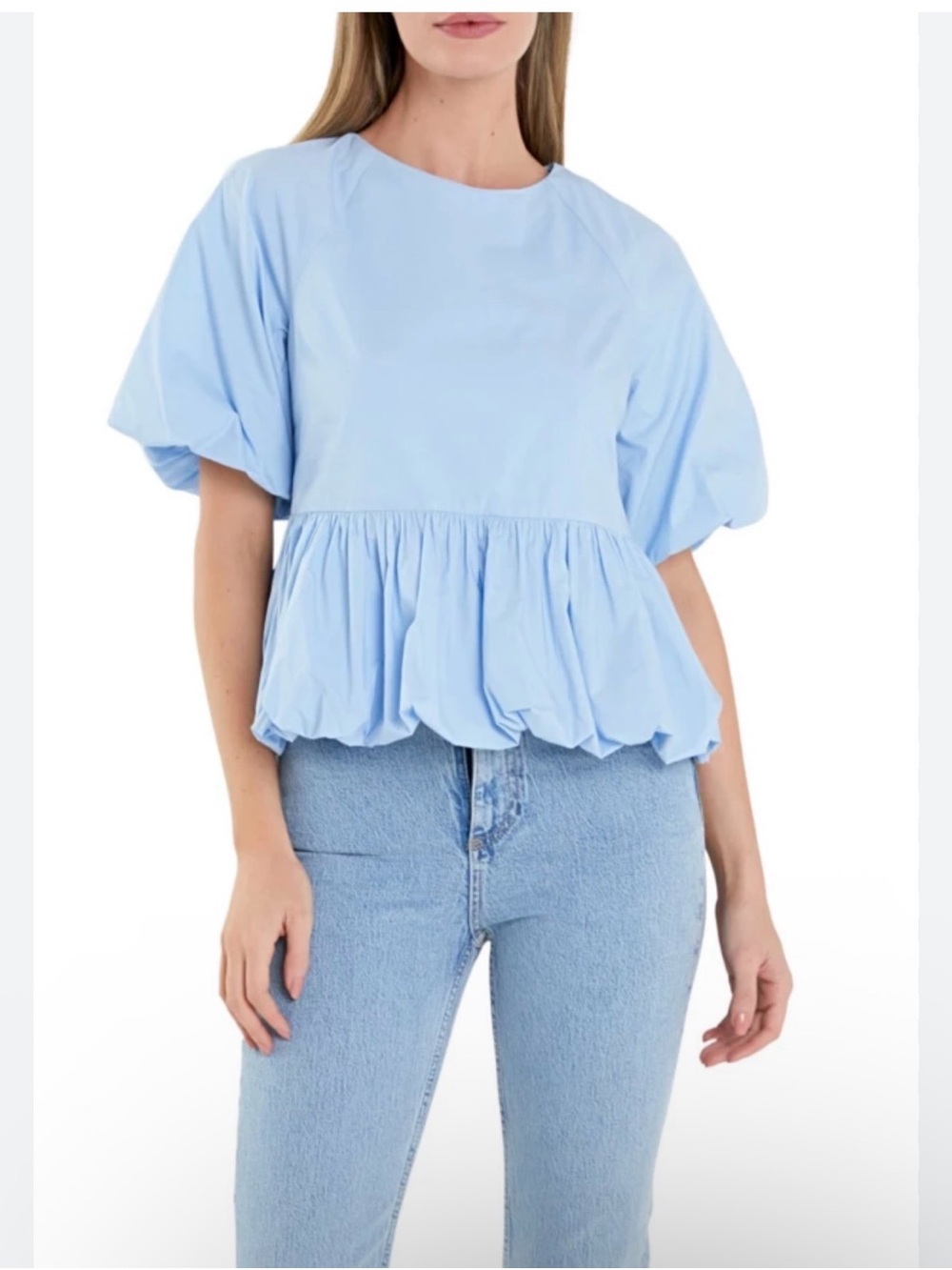 English Factory Light Blue Women’s Puff Sleeve Peplum Top